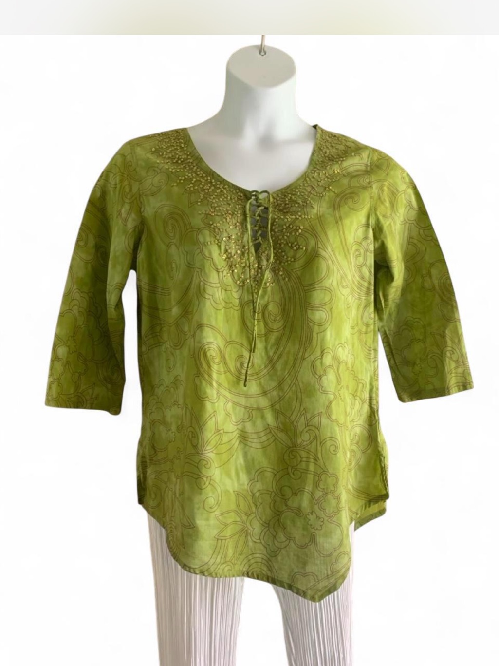 Boho Pappagallo Lime Green Embroidered Lace-Up Tunic With Beading Size L